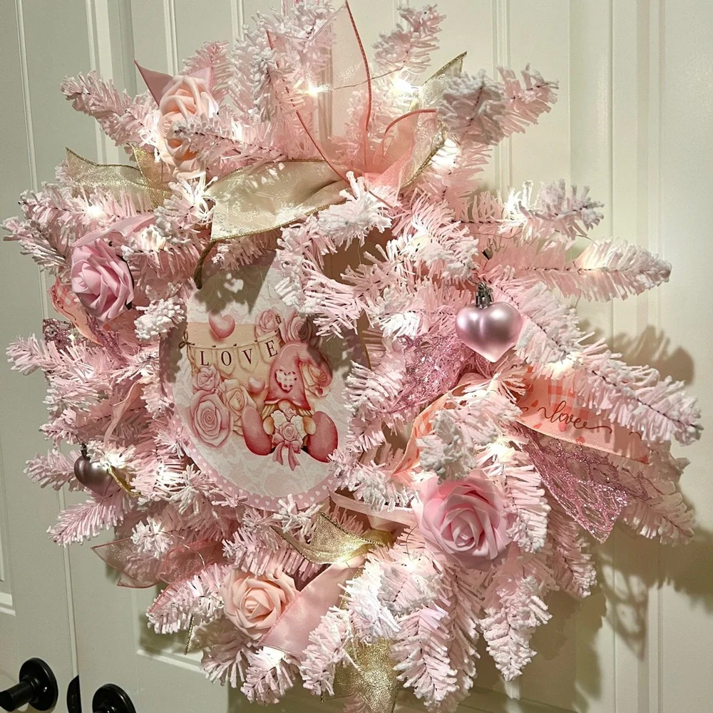 Handmade 22” Valentine’s Day Pink Flocked Garland Gnome LED Wreath W30